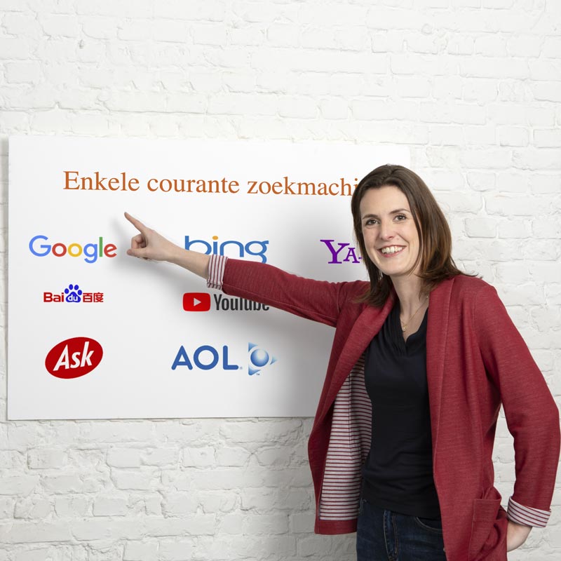 Ilse Meeus met bord achter haar waar enkele courante zoekmachines op staan